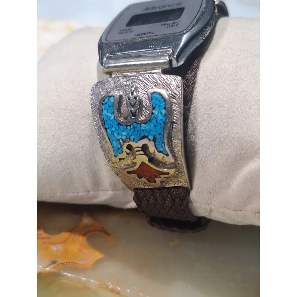 Vintage Advance Digital Watch Southwest Eagle Turquoise Coral Chip Inlay 1970s
